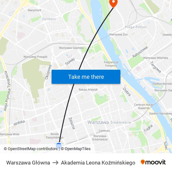 Warszawa Główna to Akademia Leona Koźmińskiego map