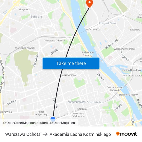 Warszawa Ochota to Akademia Leona Koźmińskiego map