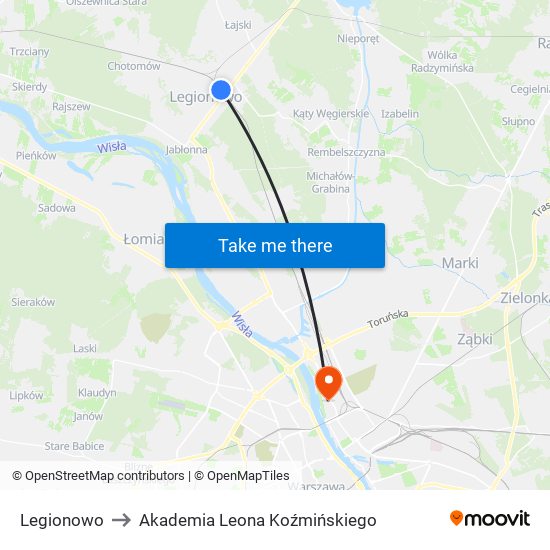 Legionowo to Akademia Leona Koźmińskiego map