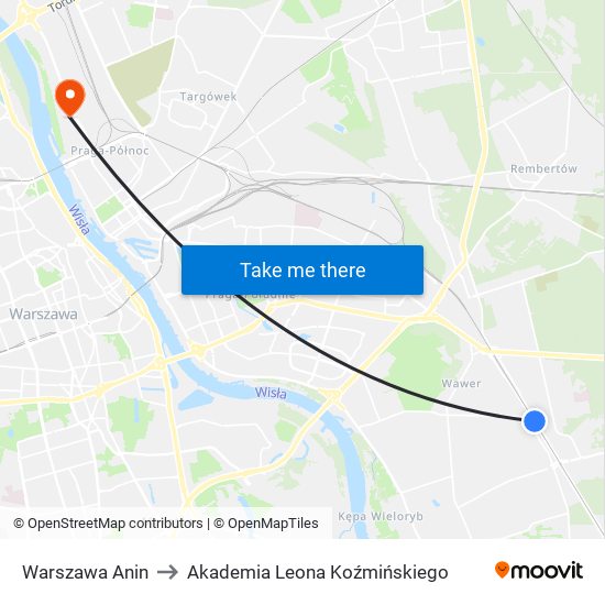 Warszawa Anin to Akademia Leona Koźmińskiego map