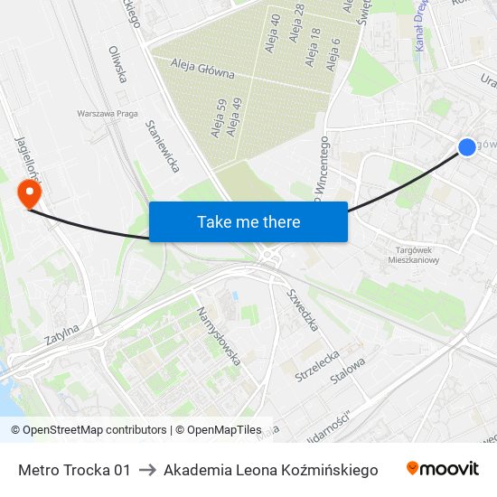 Metro Trocka 01 to Akademia Leona Koźmińskiego map