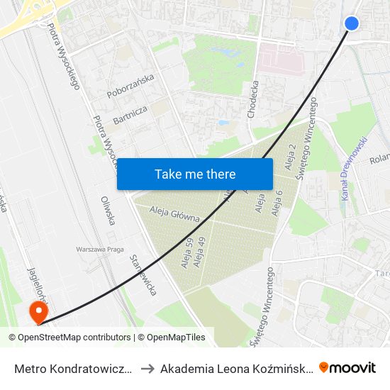 Metro Kondratowicza to Akademia Leona Koźmińskiego map