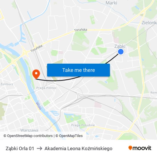 Ząbki Orla 01 to Akademia Leona Koźmińskiego map