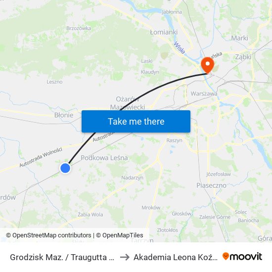 Grodzisk Maz. / Traugutta / Dw. PKP 01 to Akademia Leona Koźmińskiego map