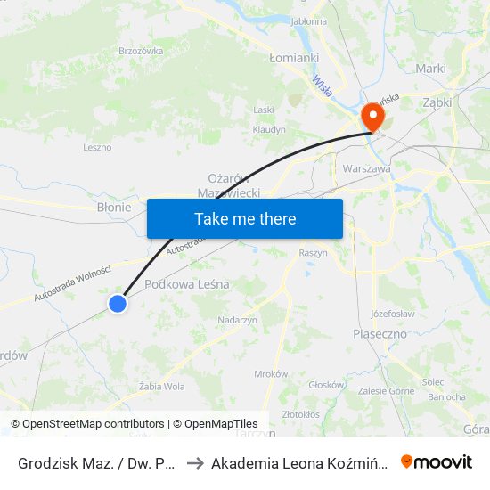 Grodzisk Maz. / Dw. PKP to Akademia Leona Koźmińskiego map