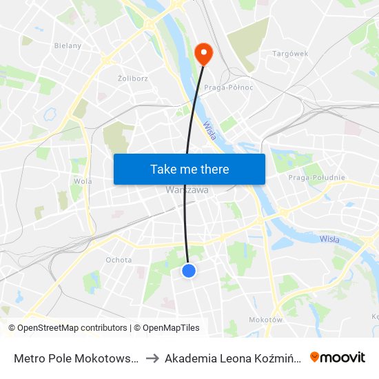 Metro Pole Mokotowskie to Akademia Leona Koźmińskiego map