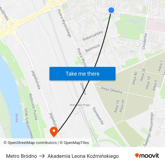 Metro Bródno to Akademia Leona Koźmińskiego map