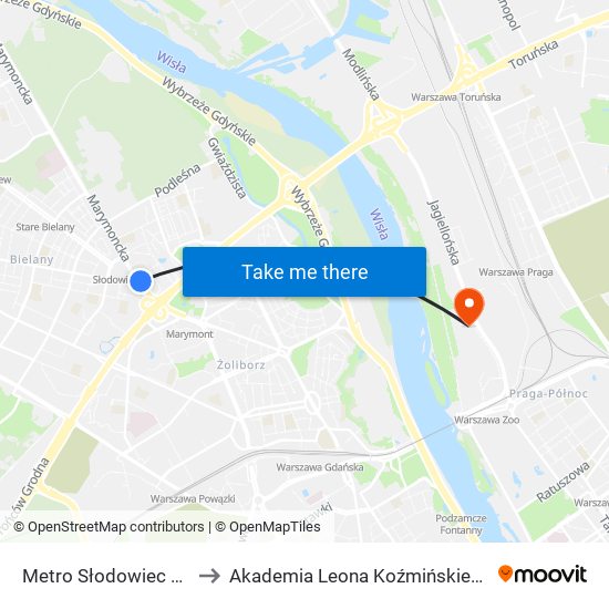 Metro Słodowiec to Akademia Leona Koźmińskiego map