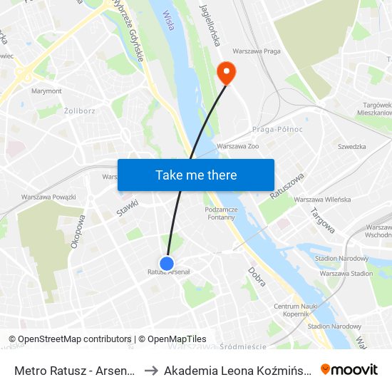 Metro Ratusz Arsenał to Akademia Leona Koźmińskiego map