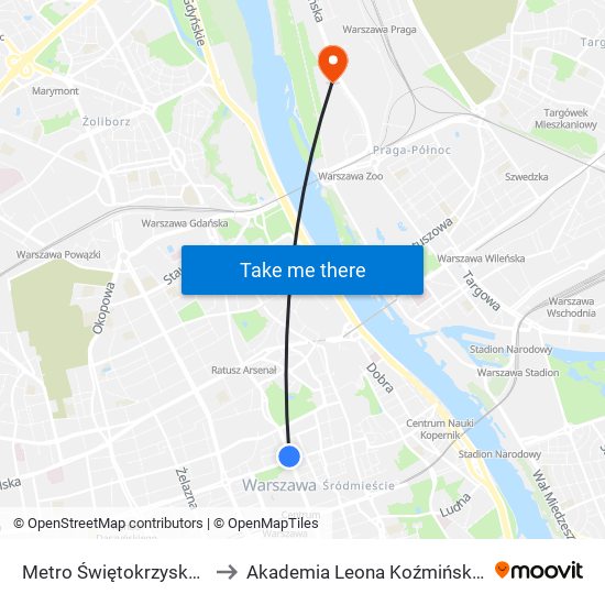 Metro Świętokrzyska 05 to Akademia Leona Koźmińskiego map