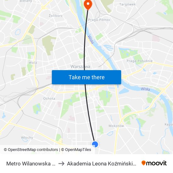 Metro Wilanowska 06 to Akademia Leona Koźmińskiego map