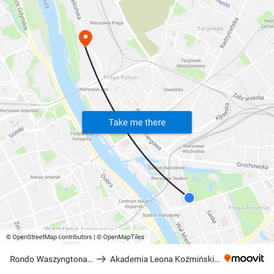 Rondo Waszyngtona 08 to Akademia Leona Koźmińskiego map