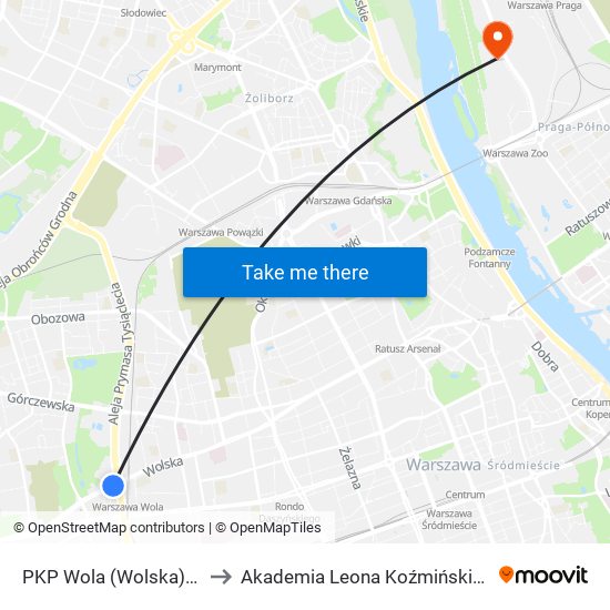 PKP Wola (Wolska) 03 to Akademia Leona Koźmińskiego map