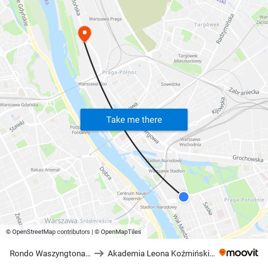 Rondo Waszyngtona to Akademia Leona Koźmińskiego map