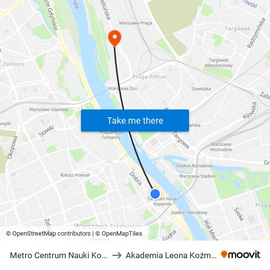 Metro Centrum Nauki Kopernik 04 to Akademia Leona Koźmińskiego map