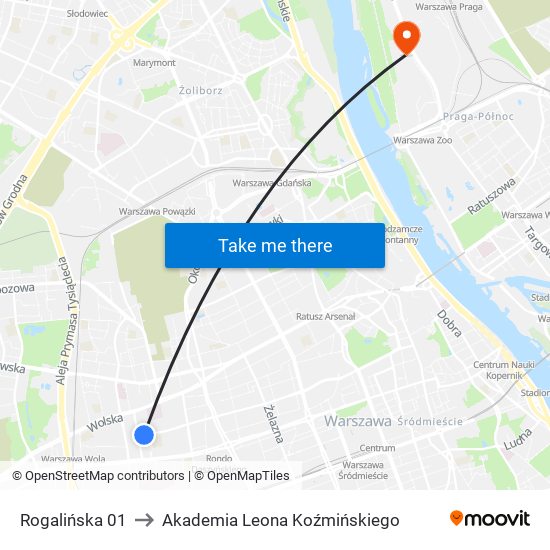 Rogalińska 01 to Akademia Leona Koźmińskiego map