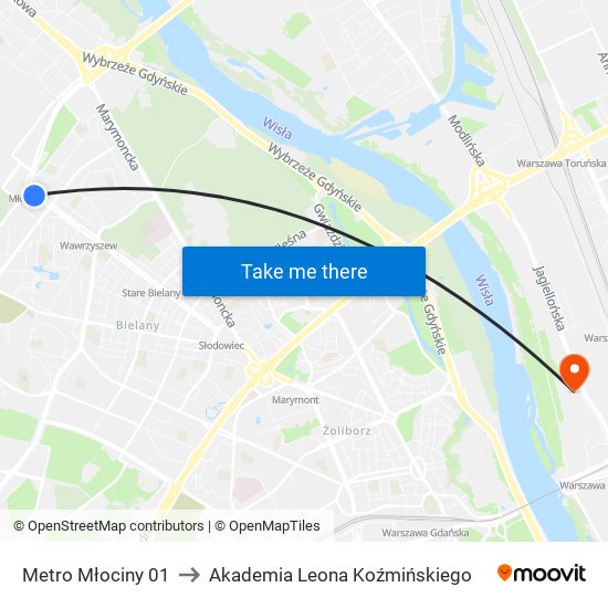 Metro Młociny to Akademia Leona Koźmińskiego map