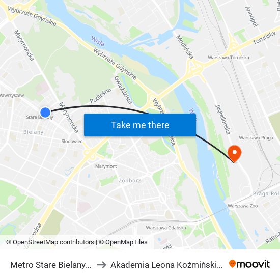 Metro Stare Bielany to Akademia Leona Koźmińskiego map