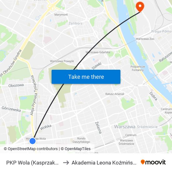 PKP Wola (Kasprzaka) 02 to Akademia Leona Koźmińskiego map