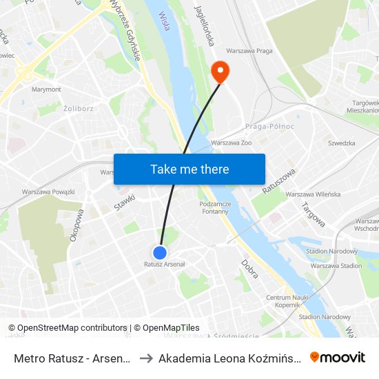 Metro Ratusz - Arsenał 01 to Akademia Leona Koźmińskiego map