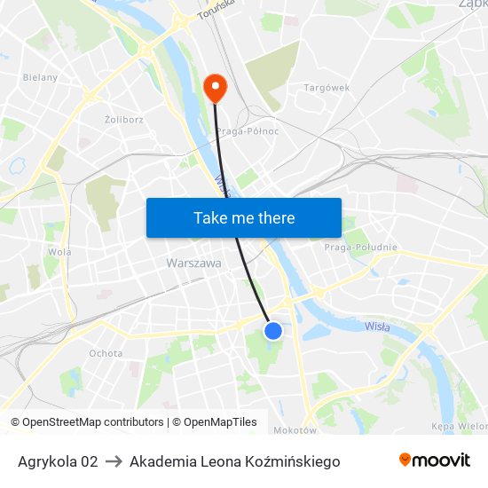 Agrykola to Akademia Leona Koźmińskiego map