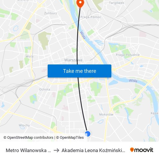 Metro Wilanowska 10 to Akademia Leona Koźmińskiego map