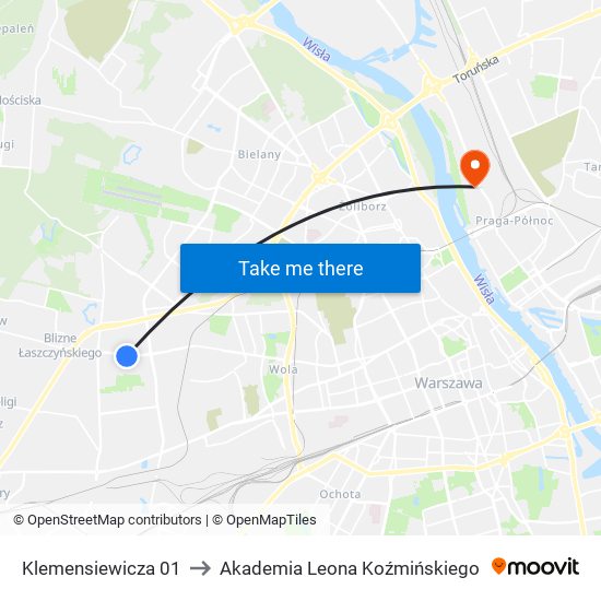 Klemensiewicza 01 to Akademia Leona Koźmińskiego map