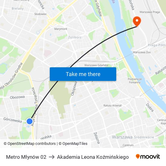 Metro Młynów to Akademia Leona Koźmińskiego map