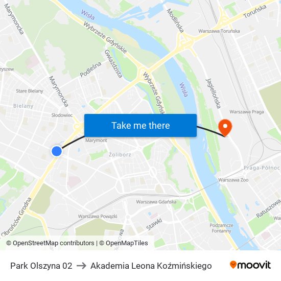 Park Olszyna 02 to Akademia Leona Koźmińskiego map