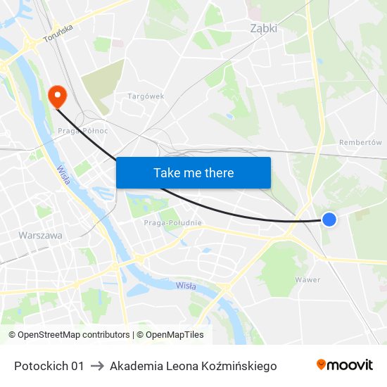 Potockich 01 to Akademia Leona Koźmińskiego map