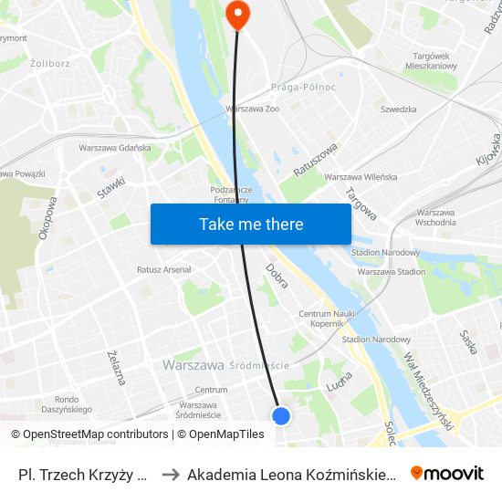 Pl. Trzech Krzyży 01 to Akademia Leona Koźmińskiego map