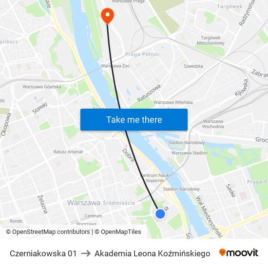 Czerniakowska 01 to Akademia Leona Koźmińskiego map