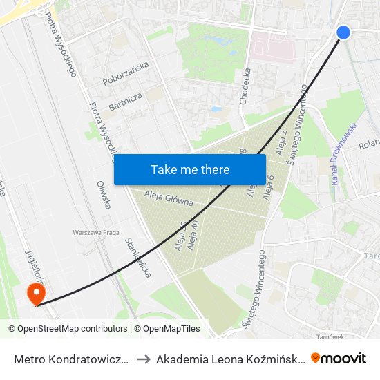 Metro Kondratowicza to Akademia Leona Koźmińskiego map