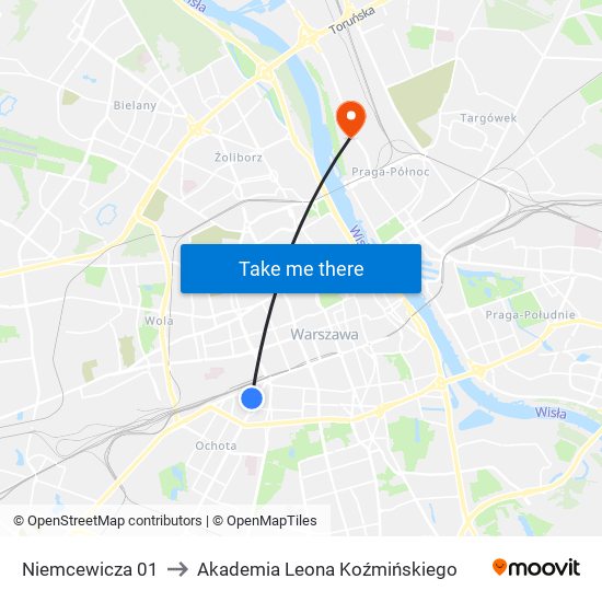 Niemcewicza 01 to Akademia Leona Koźmińskiego map