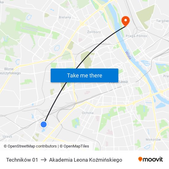 Techników 01 to Akademia Leona Koźmińskiego map