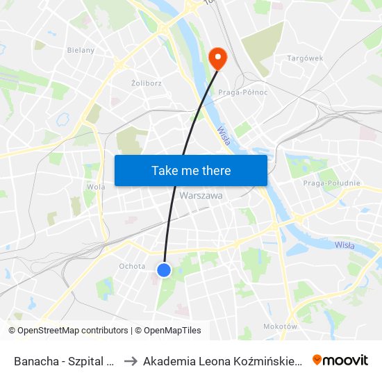 Banacha-Szpital to Akademia Leona Koźmińskiego map