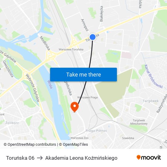 Toruńska 06 to Akademia Leona Koźmińskiego map