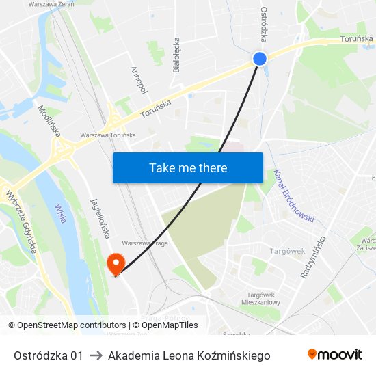 Ostródzka 01 to Akademia Leona Koźmińskiego map