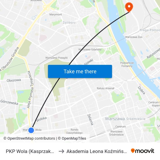 PKP Wola (Kasprzaka) to Akademia Leona Koźmińskiego map