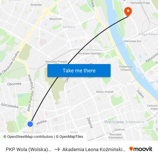 PKP Wola (Wolska) 06 to Akademia Leona Koźmińskiego map