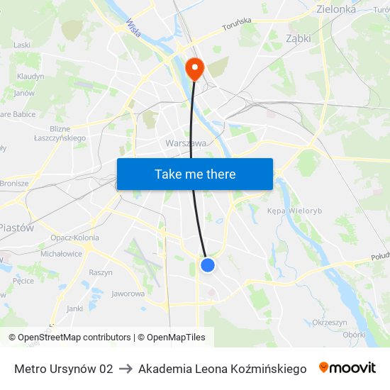 Metro Ursynów 02 to Akademia Leona Koźmińskiego map