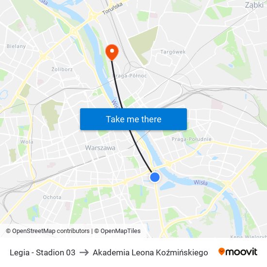 Legia - Stadion 03 to Akademia Leona Koźmińskiego map