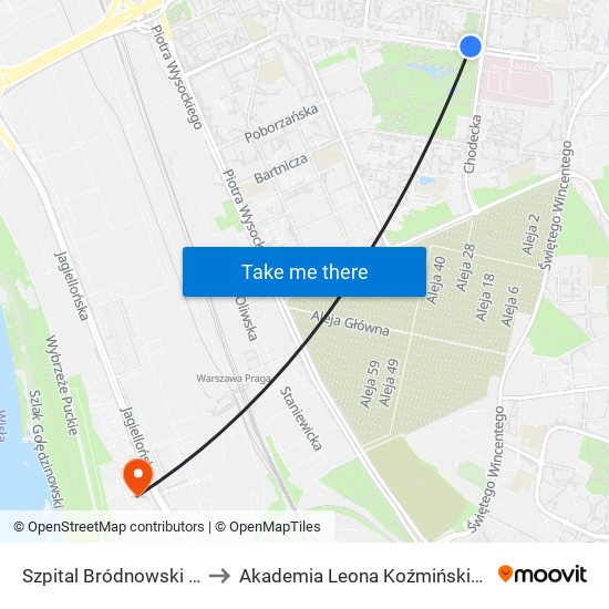 Szpital Bródnowski to Akademia Leona Koźmińskiego map