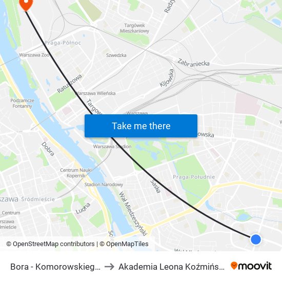 Bora - Komorowskiego 03 to Akademia Leona Koźmińskiego map