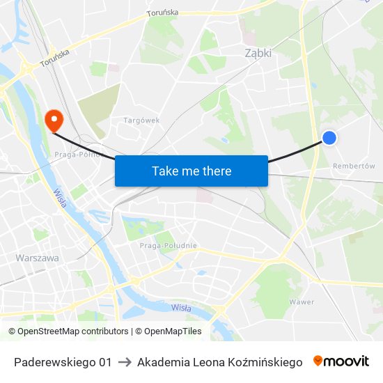 Paderewskiego 01 to Akademia Leona Koźmińskiego map