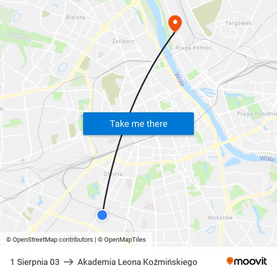 1 Sierpnia to Akademia Leona Koźmińskiego map