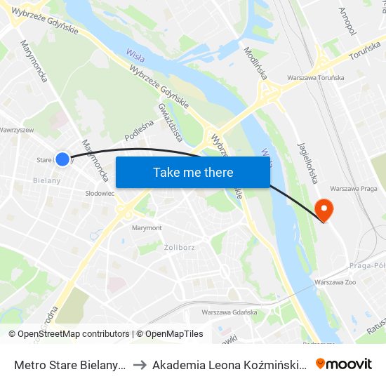 Metro Stare Bielany 01 to Akademia Leona Koźmińskiego map