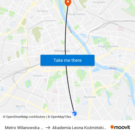 Metro Wilanowska 15 to Akademia Leona Koźmińskiego map