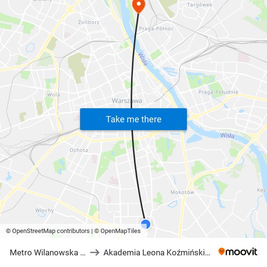 Metro Wilanowska 08 to Akademia Leona Koźmińskiego map