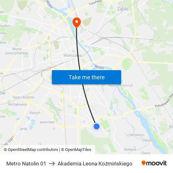 Metro Natolin to Akademia Leona Koźmińskiego map